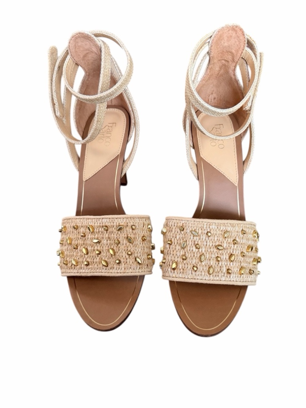 Franco Sarto Natural Beige Ankle-Tie Studded High Heels - Picture 2 of 6